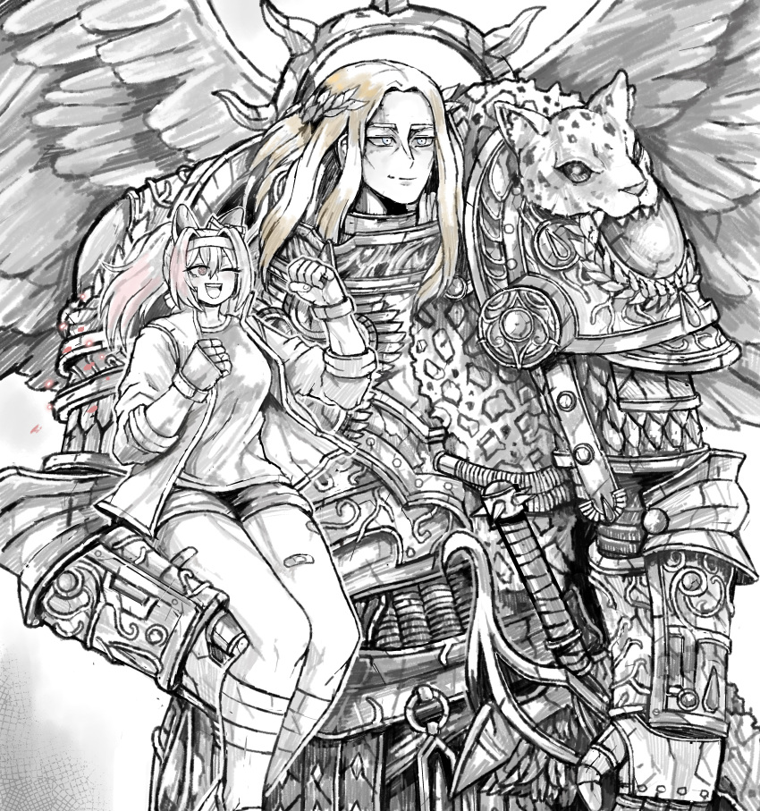 1boy, 1girl, absurdres, armor, bandaid_on_thigh, commentary, crossover, ear_covers