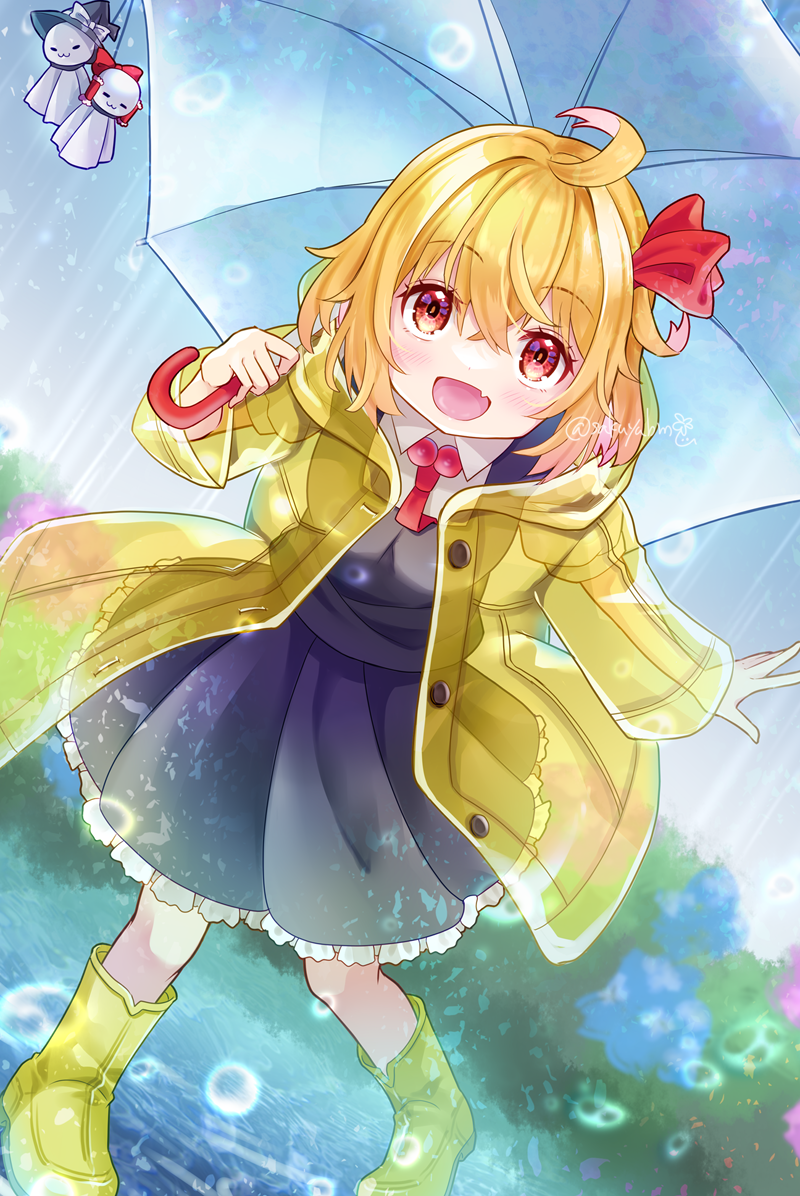 1girl, ahoge, black_skirt, black_vest, blonde_hair, blush, boots, commentary_request