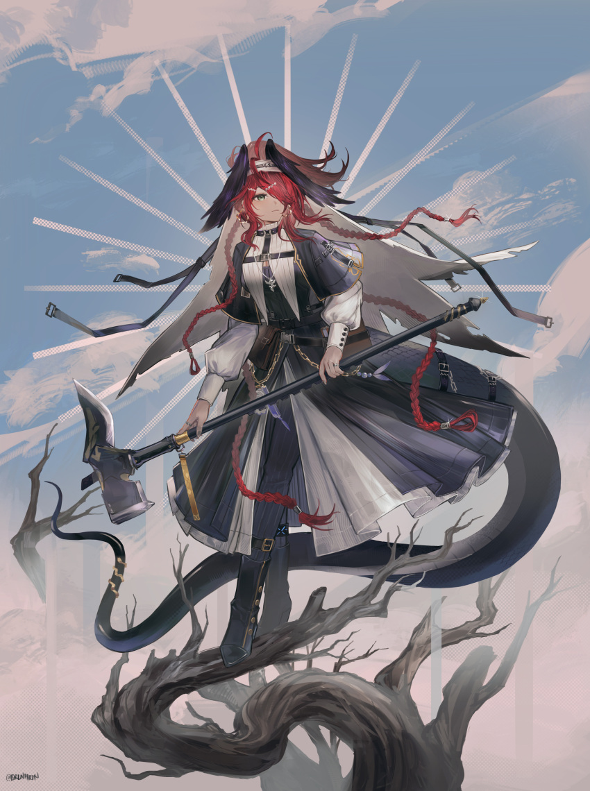 1girl, absurdres, arknights, black_capelet, black_dress, black_pants, braid, brlnhrtn