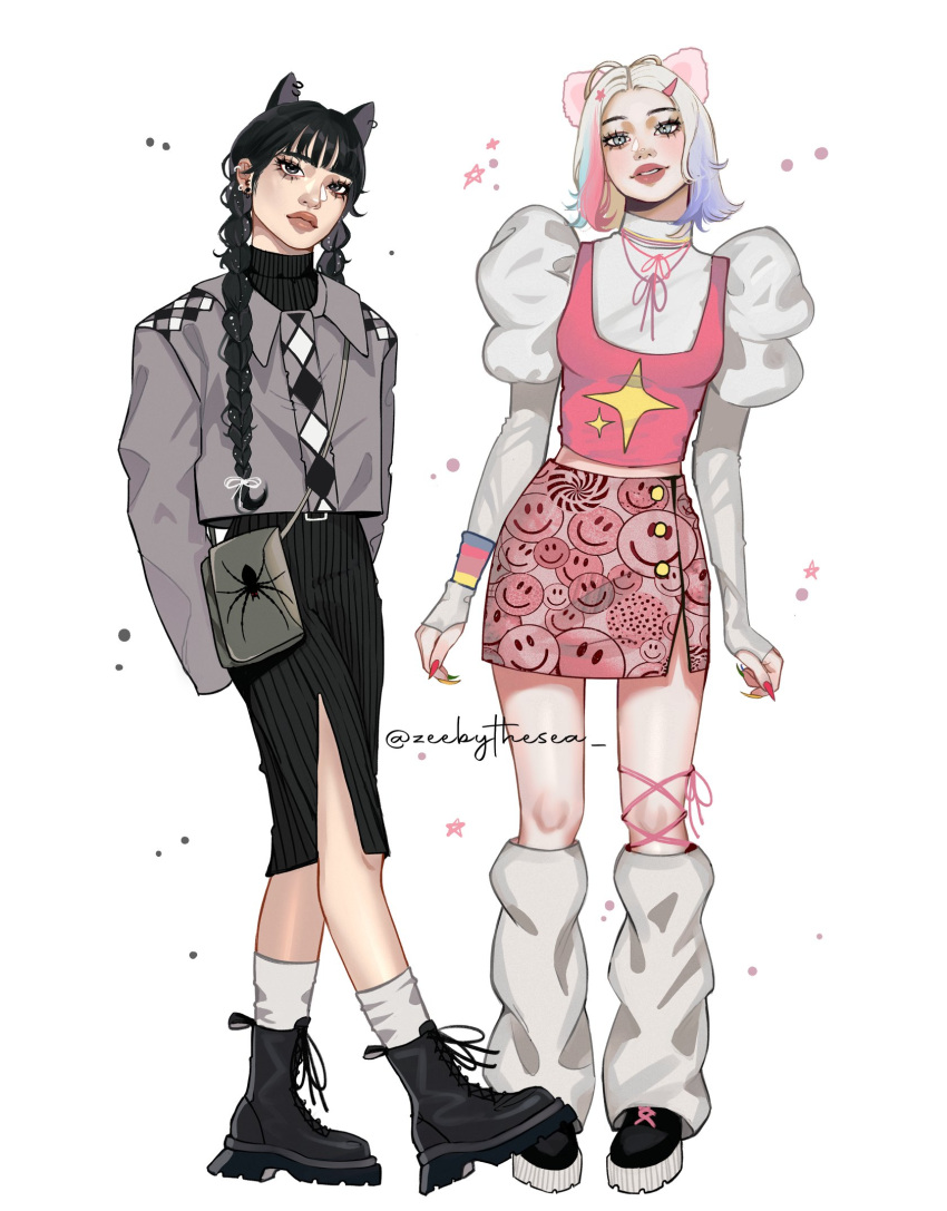 2girls, animal_ears, animal_print, ankle_boots, ankle_socks, arms_behind_back, bag, black_boots