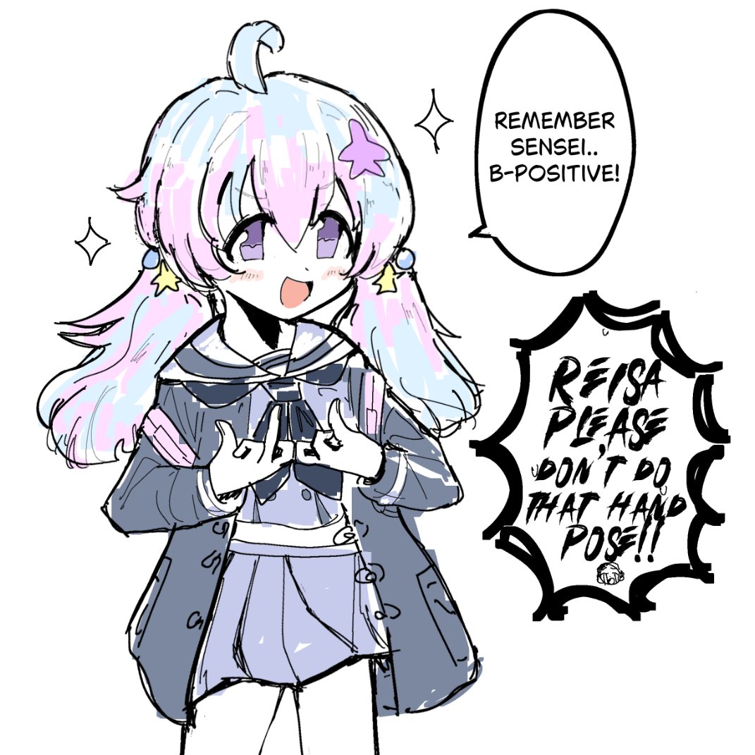 1boy, 1girl, :d, ahoge, beads, blue_archive, blue_hair, doodle_sensei_(blue_archive), english_text, gang_sign, grey_serafuku, grey_skirt, hair_beads, hair_ornament, ibif, long_hair, looking_at_viewer, multicolored_hair, neckerchief, pink_hair, pleated_skirt, reisa_(blue_archive), sailor_collar, school_uniform, sensei_(blue_archive), serafuku, simple_background, sketch, skirt, smile, solo_focus, space_king, star_(symbol), star_hair_ornament, twintails, two-tone_hair, violet_eyes, white_background