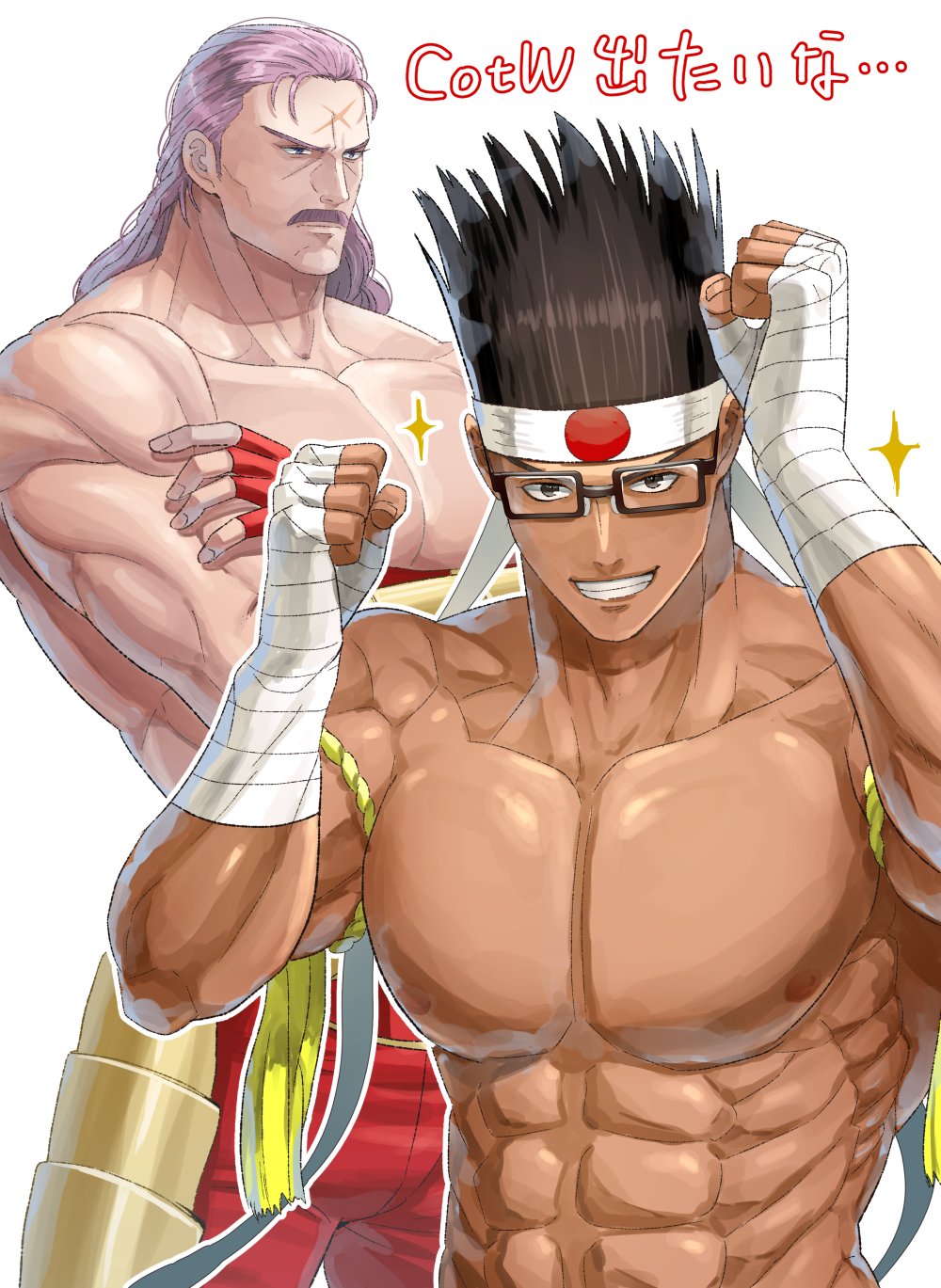 2boys, abs, aosa_(jmzg2528), bandaged_hand, bandages, black-framed_eyewear, black_hair, brown_eyes