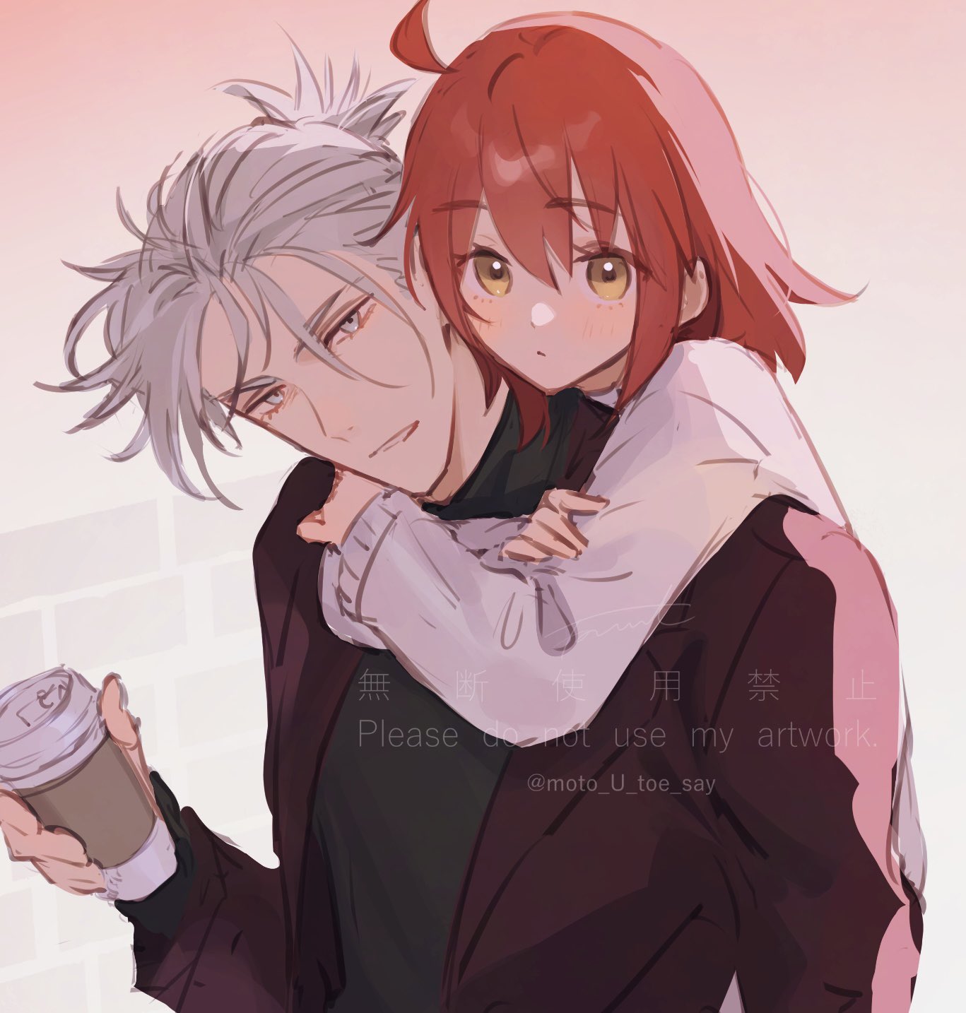 1boy, 1girl, ahoge, alternate_costume, arms_around_neck, black_shirt, cup, disposable_cup