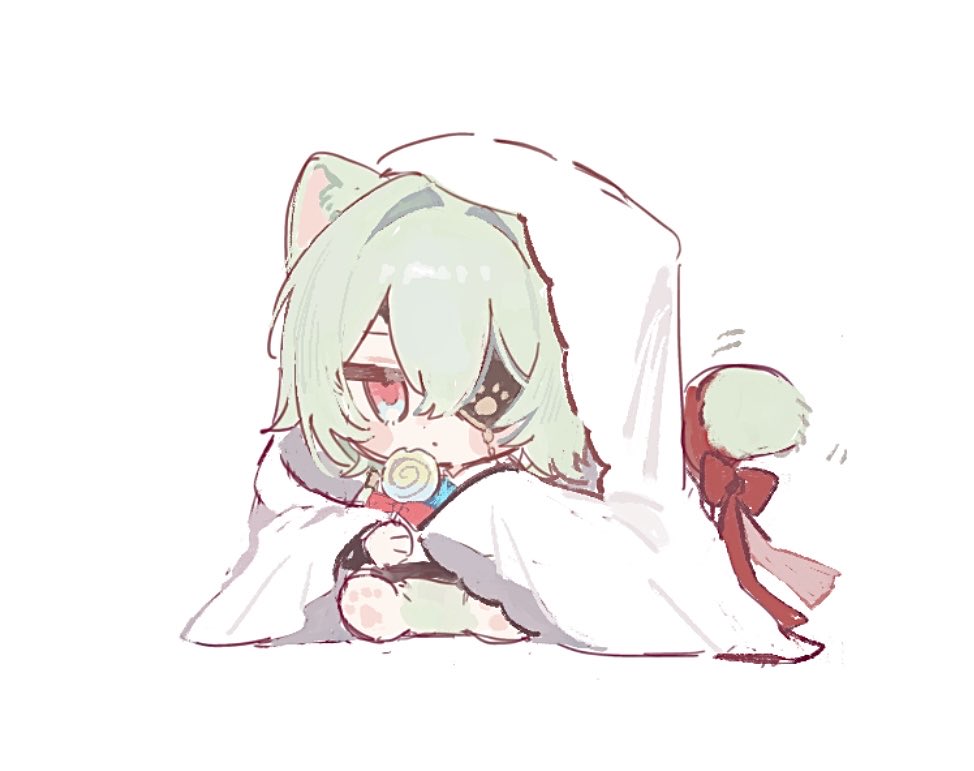 1boy, alternate_costume, anaxa_(honkai:_star_rail), animal_ears, aqua_hair, blue_eyes, blush_stickers, candy, cat_boy, cat_ears, cat_tail, chibi, chibi_only, closed_mouth, eyepatch, food, full_body, hair_between_eyes, holding, holding_candy, holding_food, holding_lollipop, honkai:_star_rail, honkai_(series), lollipop, male_focus, paw_print, pink_eyes, red_ribbon, rh1_bdt, ribbon, simple_background, sitting, solo, tail, tail_ornament, tail_ribbon, white_background