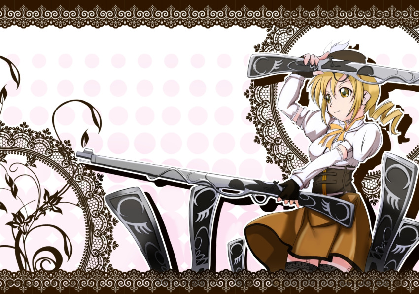 blonde_hair, drill_hair, dual_wielding, fingerless_gloves, gloves, gun, hat, hinukan, long_hair, magical_girl, magical_musket, mahou_shoujo_madoka_magica, skirt, smile, thighhighs, tomoe_mami, twin_drills, weapon, yellow_eyes