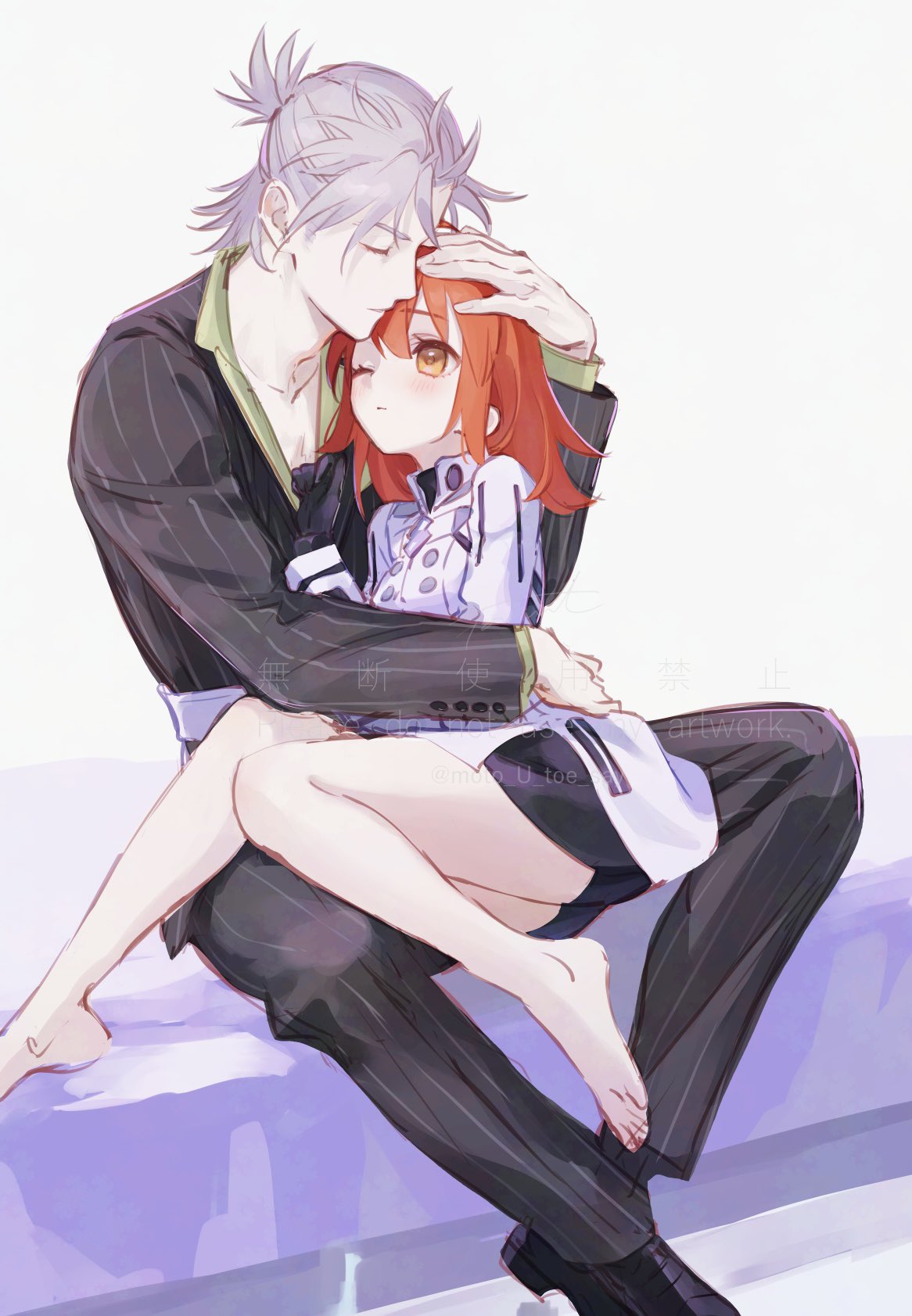 1boy, 1girl, ahoge, black_gloves, carrying, carrying_person, closed_eyes, dress