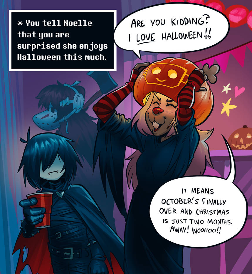 1other, 2girls, alternate_costume, angusburgers, axe, black_cape, buck_teeth, cape, closed_eyes, cosplay, cup, deer_girl, deltarune, english_commentary, english_text, fangs, fingerless_gloves, gloves, halloween, halloween_costume, holding, holding_axe, holding_cup, jack-o'-lantern_hat, jason_voorhees, jason_voorhees_(cosplay), kris_(deltarune), long_hair, multiple_girls, noelle_holiday, red_nose, reindeer_girl, reptile_girl, short_hair, snout, solo_cup, striped_clothes, striped_gloves, susie_(deltarune), teeth, two-sided_cape, two-sided_fabric, utdr_(toby_fox), vampire_costume
