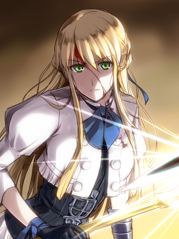 1girl, blonde_hair, blood, blood_on_face, celegrias_tina_yggdrasil, eyebrows_visible_through_hair, female, gloves