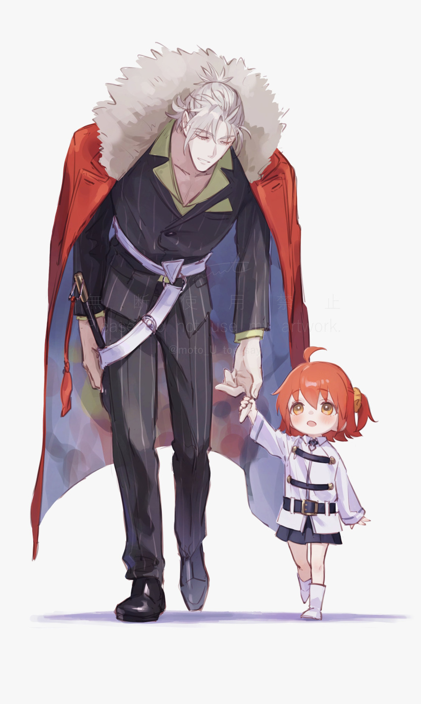 1boy, 1girl, absurdres, aged_down, ahoge, black_shoes, chaldea_uniform, child