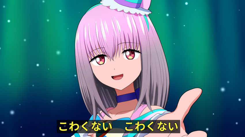 1girl, :d, aqua_hairband, aqua_hat, arm_warmers, bare_shoulders, blue_background, blue_bow