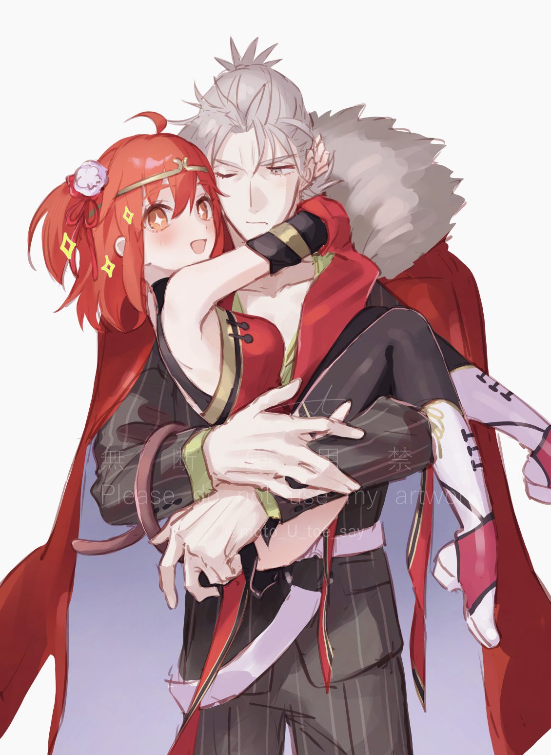 1boy, 1girl, breasts, carrying, carrying_person, chinese_clothes, coat, coat_on_shoulders