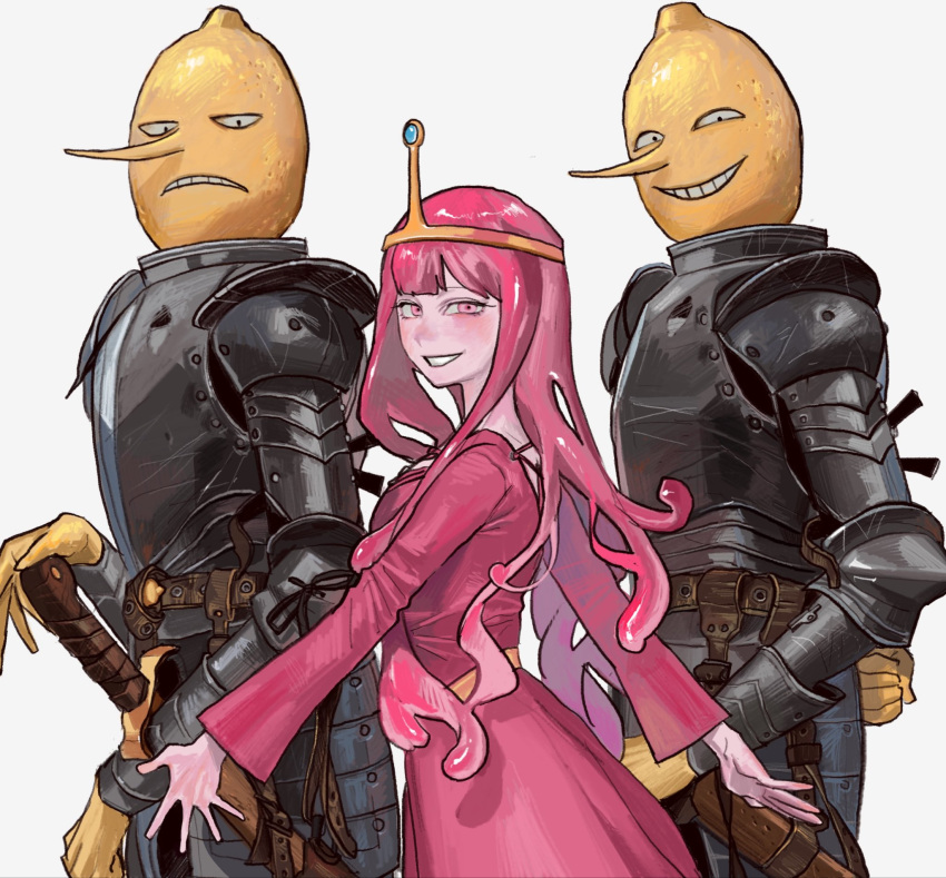 1girl, 2boys, adventure_time, armor, belt, blush, brown_belt, colored_skin