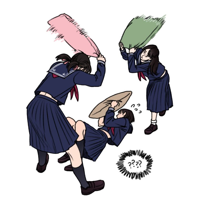 3girls, ?, black_hair, hashtag-only_commentary, highres, igarashi_sakuko, long_hair, lying