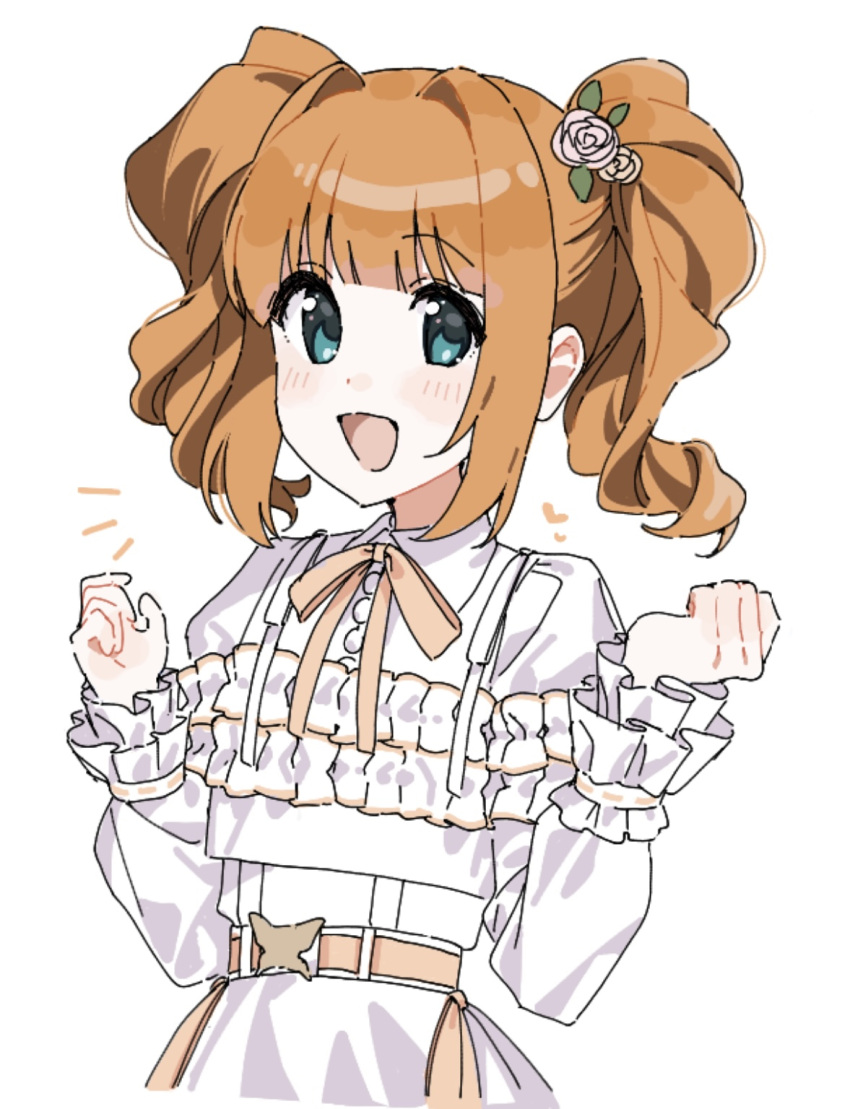 1girl, :d, aqua_eyes, dress, hands_up, highres, idolmaster, idolmaster_(classic)