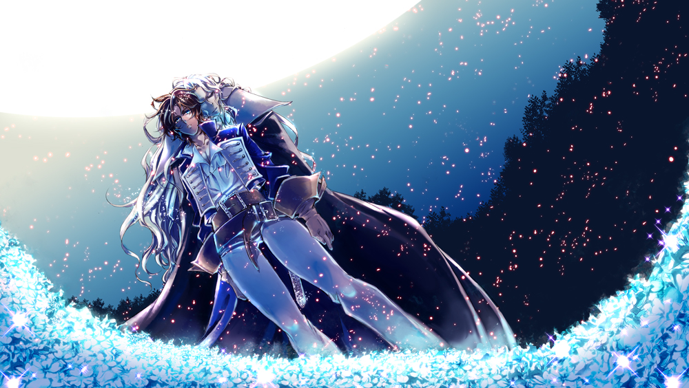 alucard, belt, blue_eyes, brown_hair, cape, castlevania, castlevania:_symphony_of_the_night, closed_eyes, eyes_closed, flower, gloves, k4m, long_hair, male, pants, richter_belmondo, sheath, short_hair, silver_hair, standing
