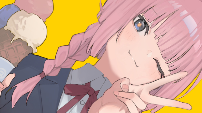 1girl, ;3, black_jacket, blue_eyes, blush, braid, closed_mouth, dutch_angle, food, hand_up, highres, holding, holding_food, holding_ice_cream, holding_ice_cream_cone, ice_cream, ice_cream_cone, jacket, kaf_(kamitsubaki_studio), kamitsubaki_studio, long_hair, multiple_scoops, neck_ribbon, one_eye_closed, pink_hair, portrait, red_ribbon, ribbon, sailor_collar, shirt, simple_background, smile, solo, tengtiaoweile, twin_braids, v, virtual_youtuber, white_shirt, yellow_background, yellow_pupils