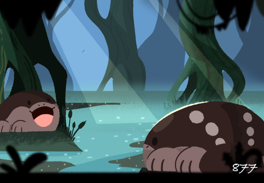 blurry, blurry_foreground, cattail, clodsire, commentary_request, highres, iltuki, light_rays