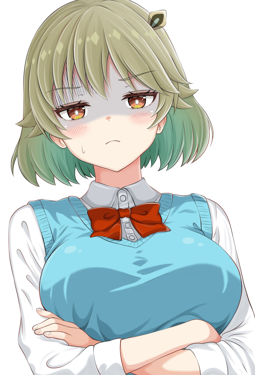 1girl, absurdres, aqua_hair, aqua_sweater_vest, bow, bowtie, breasts, closed_mouth