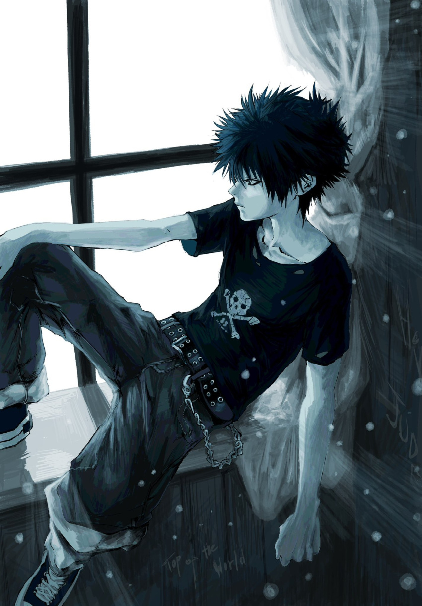 1boy, belt, black_belt, black_hair, black_pants, black_shirt, black_shoes, bloom