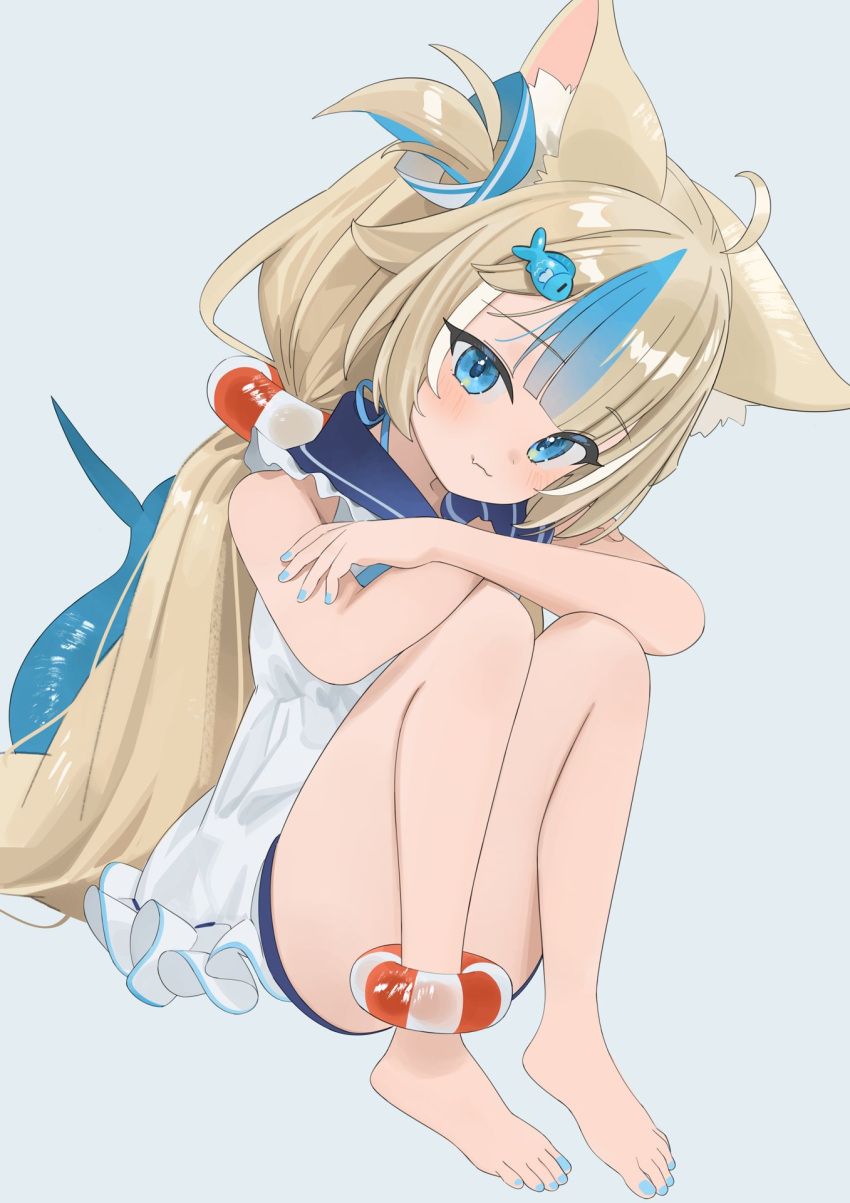 1girl, ahoge, animal_ears, bare_legs, bare_shoulders, barefoot, blonde_hair, blue_eyes