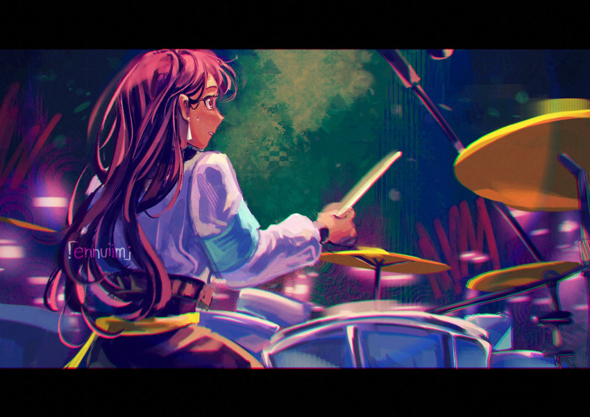 1girl, bang_dream!, bang_dream!_it's_mygo!!!!!, belt, black_hair, commentary, drum, drum_set