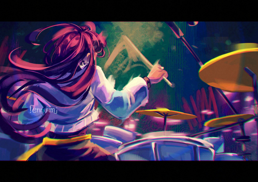 1girl, bang_dream!, bang_dream!_it's_mygo!!!!!, blue_jacket, commentary, drum, drum_set, english_commentary