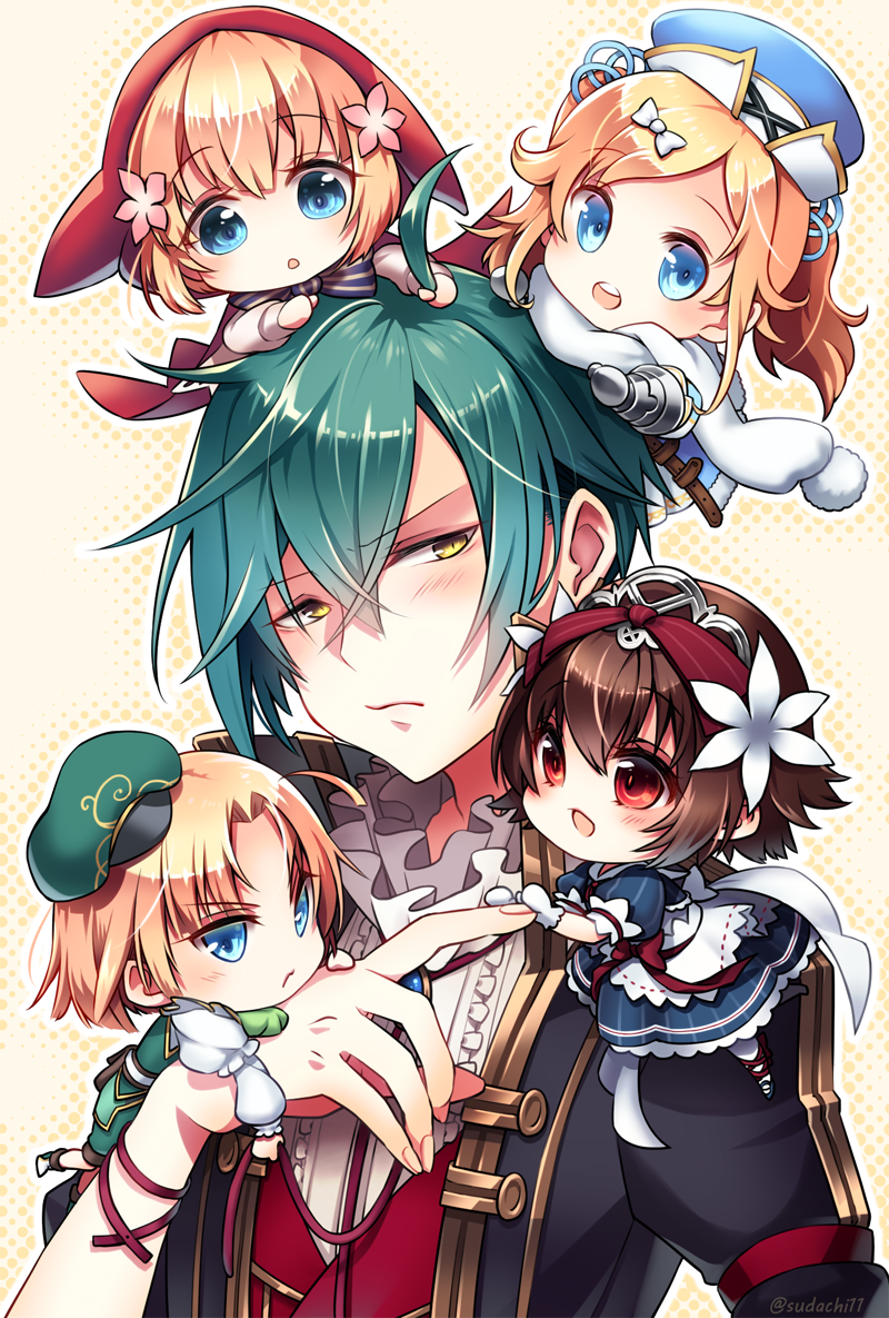 2boys, 3girls, ahoge, ahoge_grab, apron, aqua_hair, belt, black_jacket