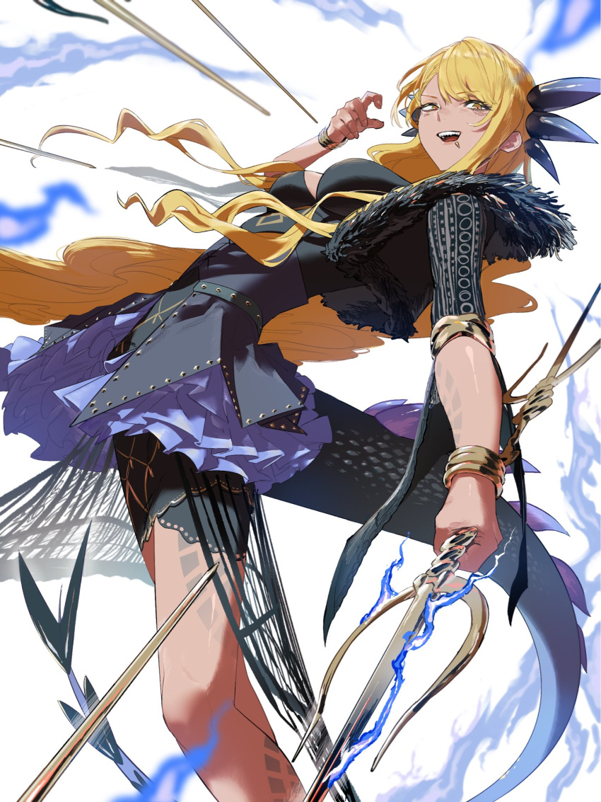 1girl, blonde_hair, bracelet, breasts, chin_piercing, dark-skinned_female, dark_skin, dragon_girl
