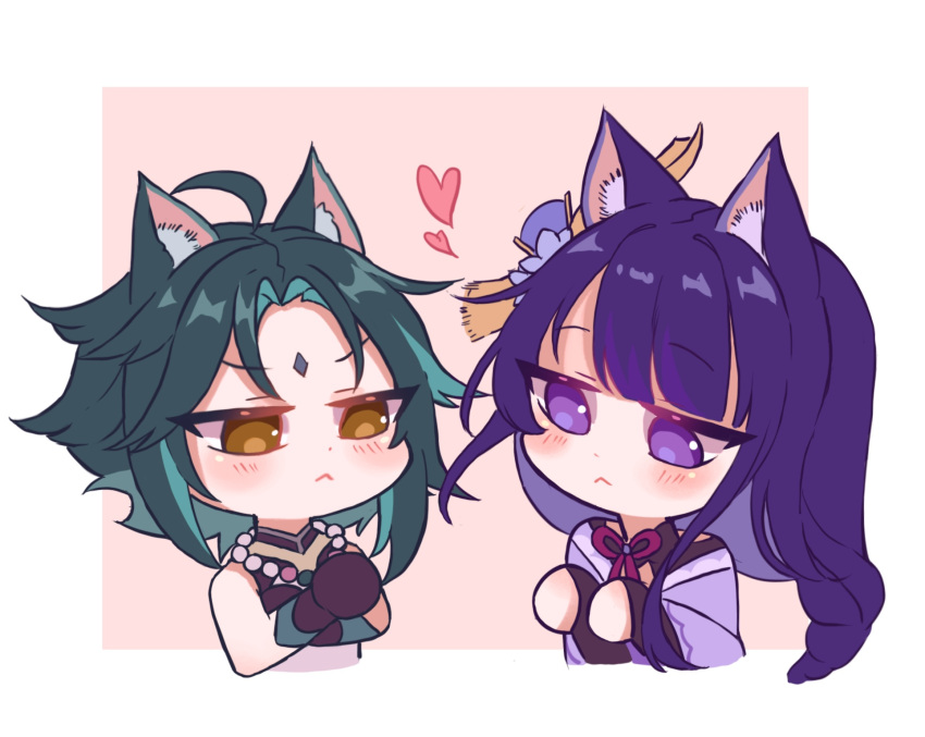 1boy, 1girl, animal_ear_fluff, animal_ears, bare_shoulders, black_gloves, blunt_bangs, braid