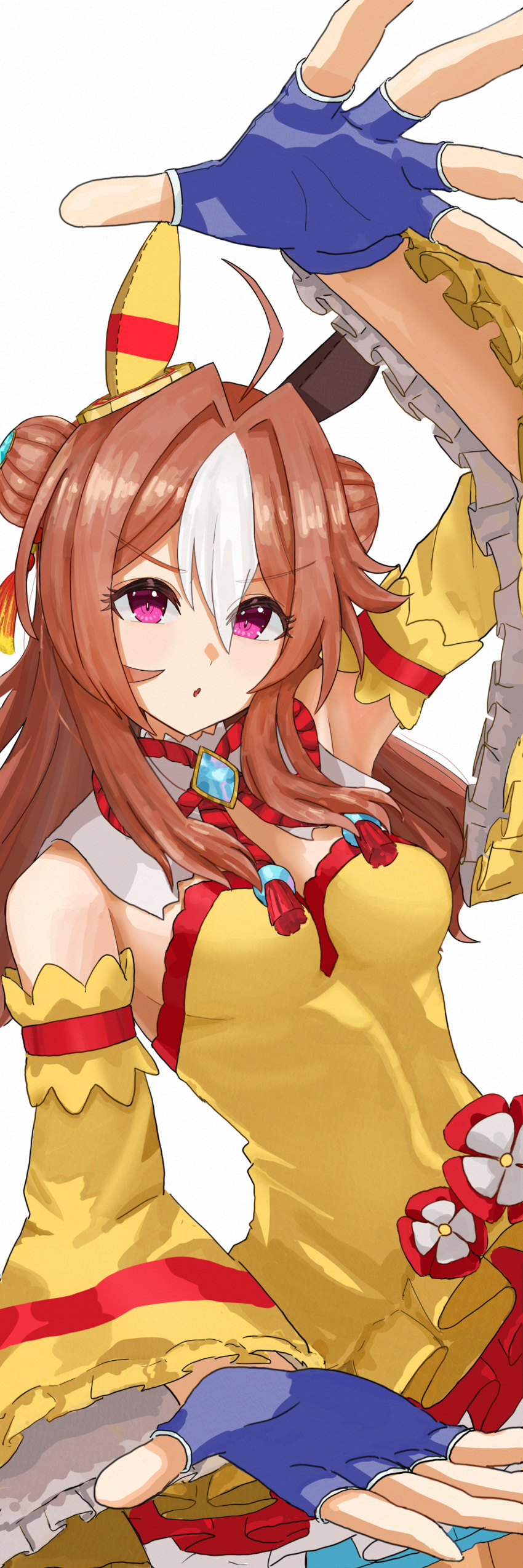 1girl, absurdres, animal_ears, arm_up, atyattyan, blue_gloves, breasts, brown_hair, commentary_request, copano_rickey_(umamusume), copano_rickey_(yin-yang_bagua_lucky_costume)_(umamusume), detached_sleeves, dress, ear_covers, fingernails, frilled_sleeves, frills, gloves, hair_between_eyes, highres, horse_ears, horse_girl, long_hair, medium_breasts, mismatched_ear_covers, open_mouth, simple_background, solo, umamusume, violet_eyes, white_background, white_streaks, wide_sleeves, yellow_dress, yellow_sleeves