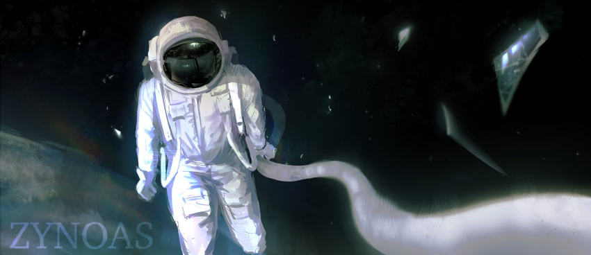 1other, astronaut, atmospheric_layer, earth_(planet), facing_viewer, feet_out_of_frame, floating, glass_shards