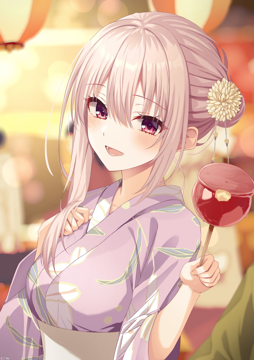 1girl, :d, absurdres, asymmetrical_sidelocks, blurry, blurry_background, blush, bokeh