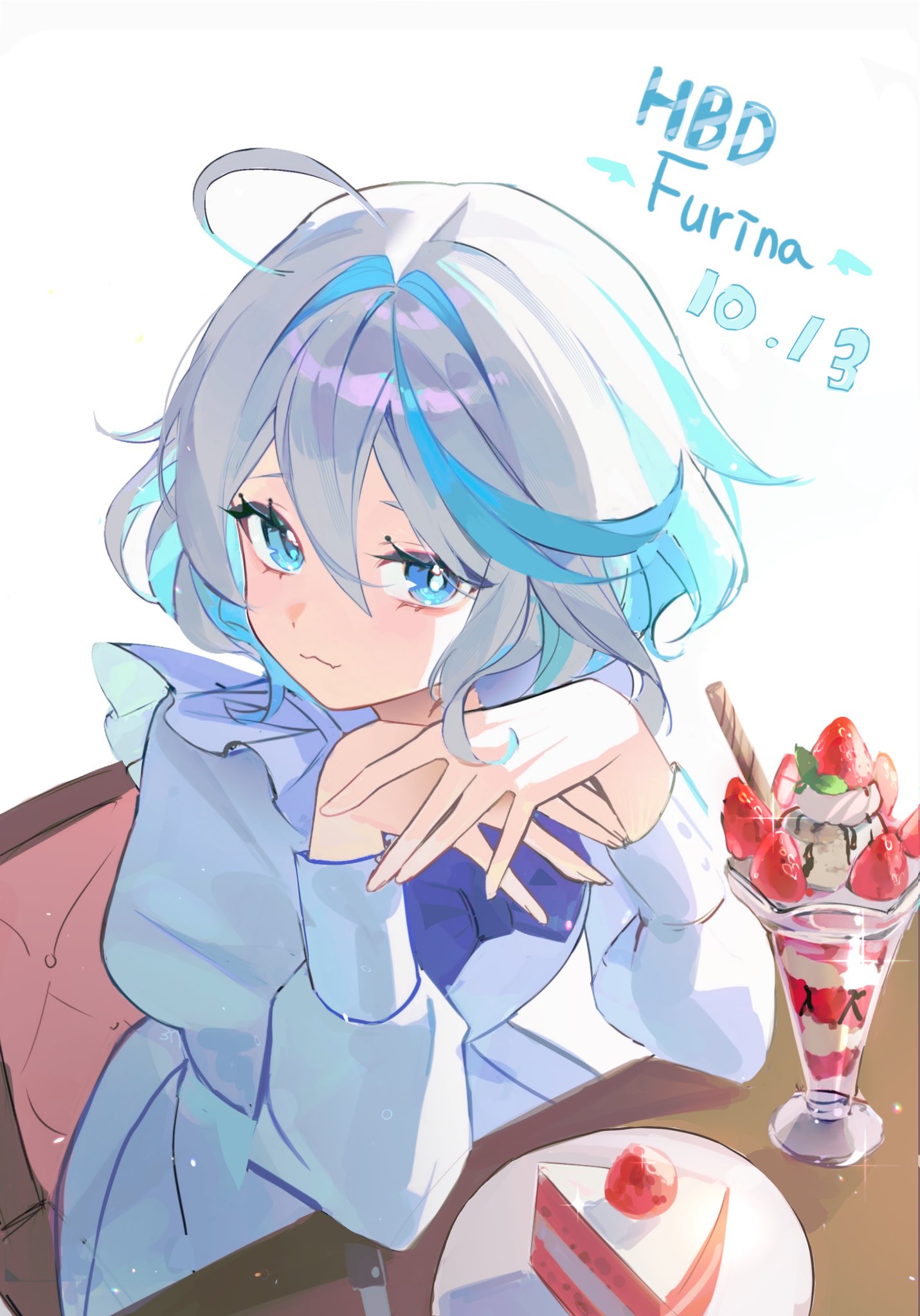 1girl, :3, ahoge, blue_eyes, blue_hair, cake, cake_slice, character_name
