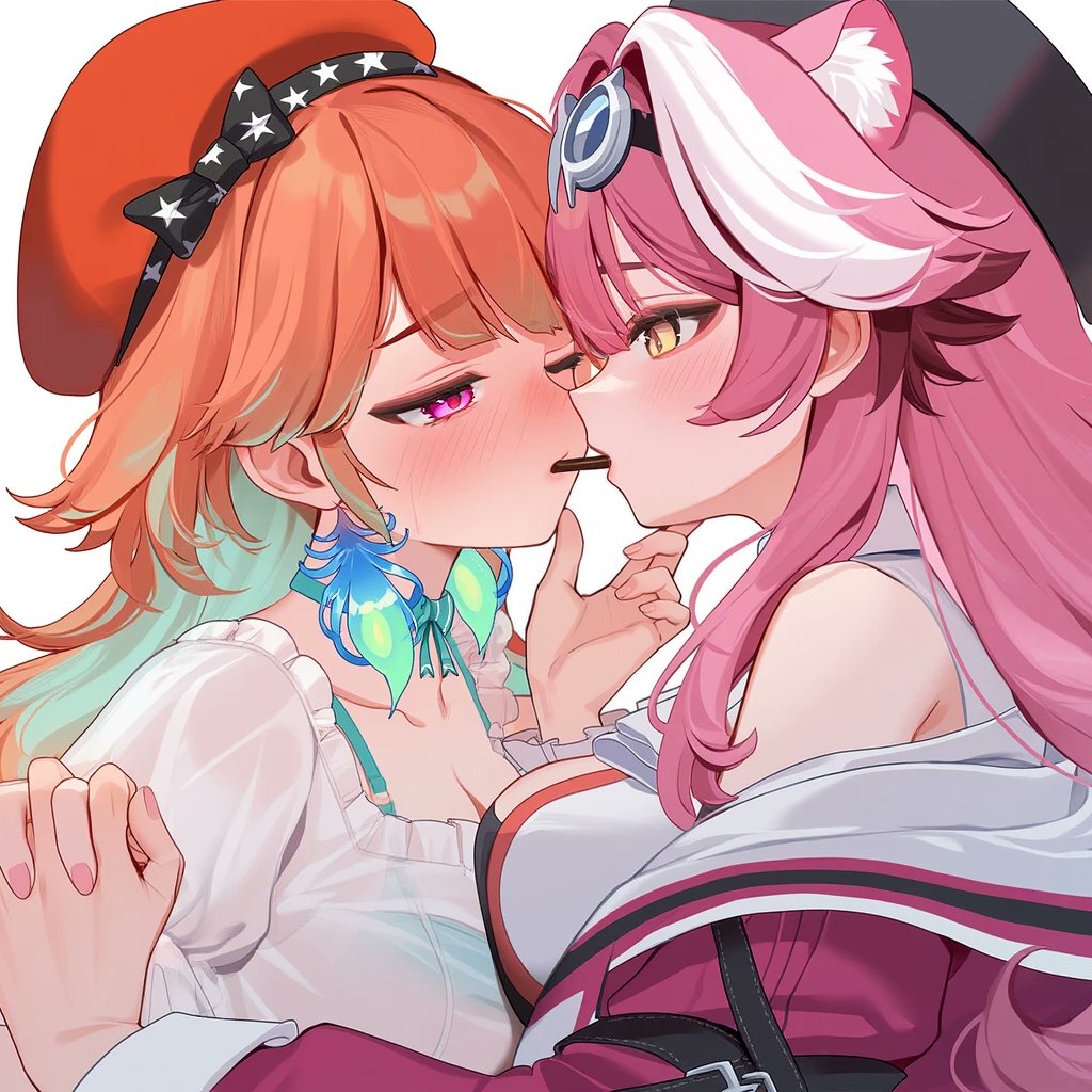 2girls, andyleeyuan, animal_ears, blush, breasts, earrings, feathers, food