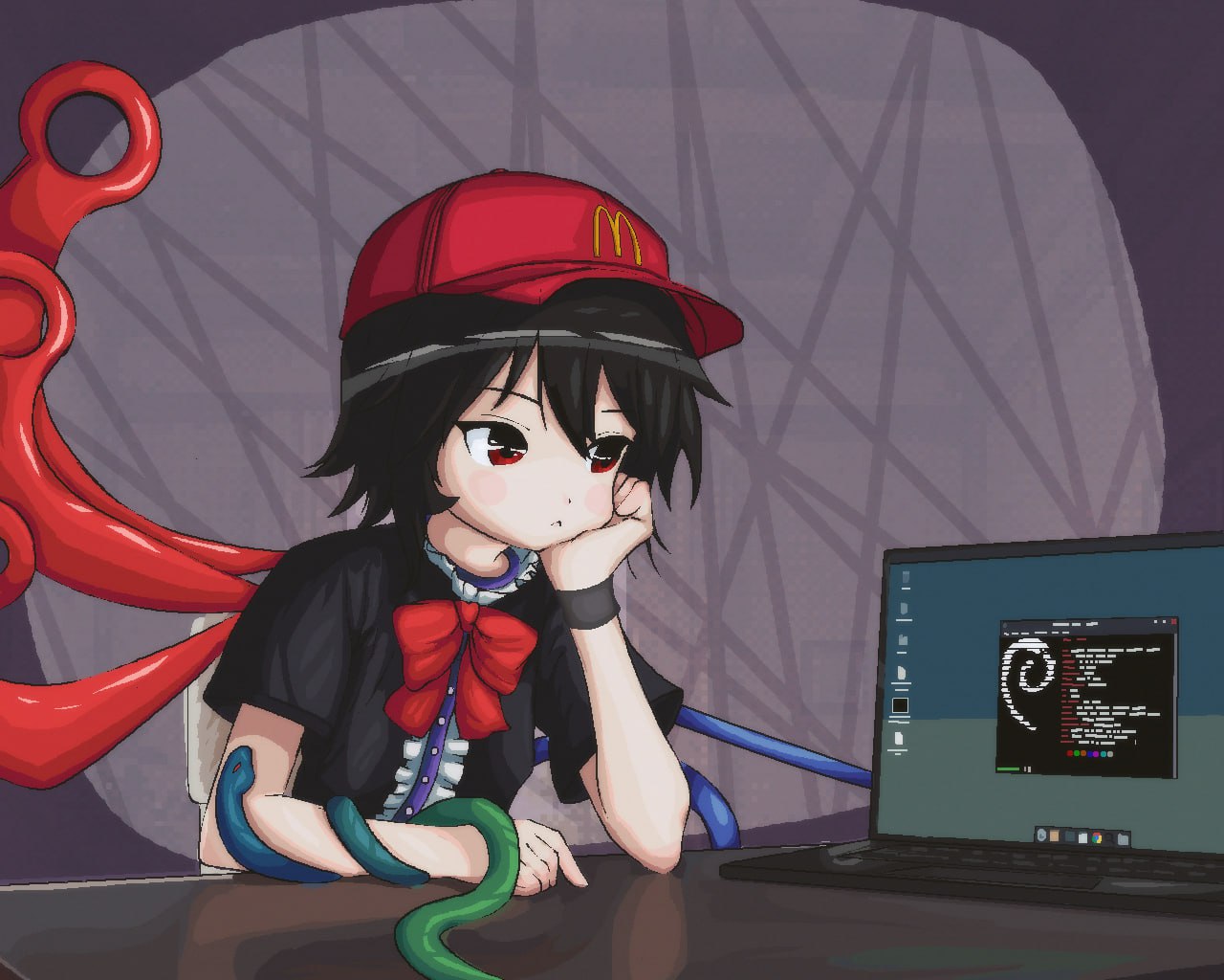 computer, debian, houjuu_nue, laptop, linux, mcdonald's, touhou