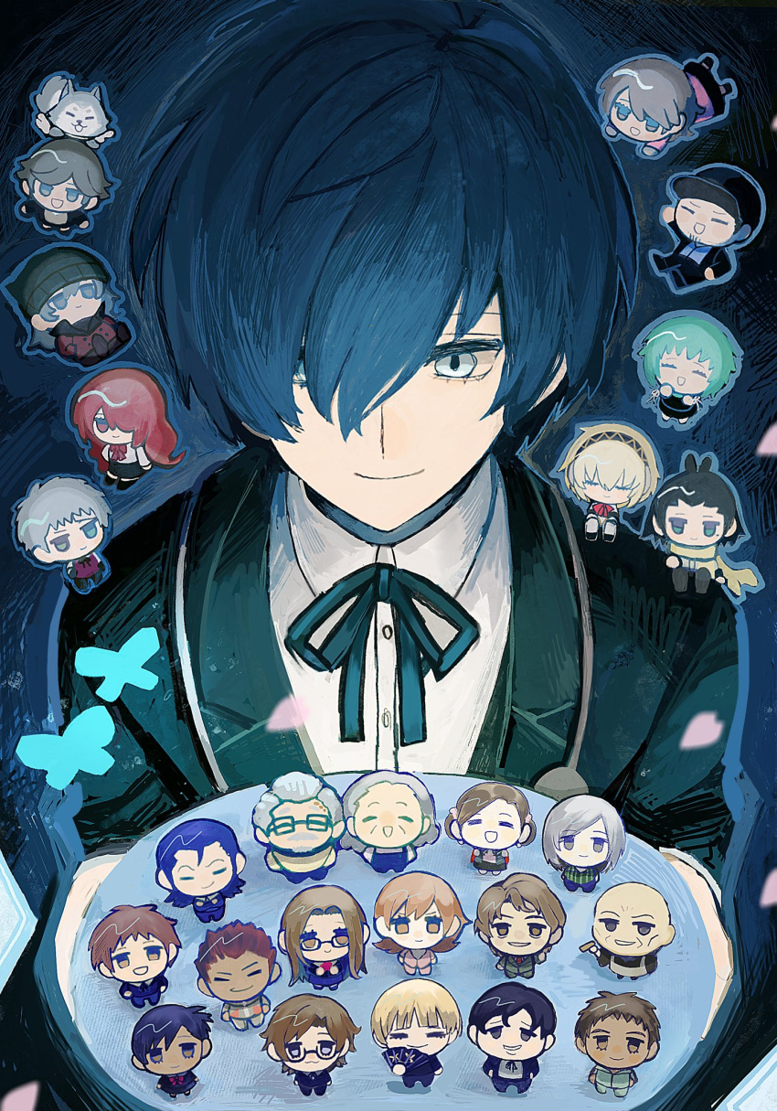 6+boys, 6+girls, aigis_(persona), amada_ken, andre_roland_jean_gerard, aragaki_shinjirou, black_jacket, blue_background