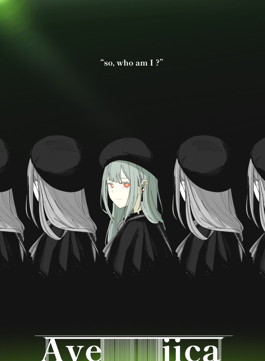 5girls, bang_dream!, bang_dream!_it's_mygo!!!!!, black_background, capelet, clone, closed_mouth, commentary_request, copyright_name, earrings, english_text, green_background, hat, highres, jewelry, looking_at_viewer, mortis_(bang_dream!), mortis_(costume)_(bang_dream!), multiple_girls, red_eyes, wakaba_mutsumi, yakareteru, yellow_pupils
