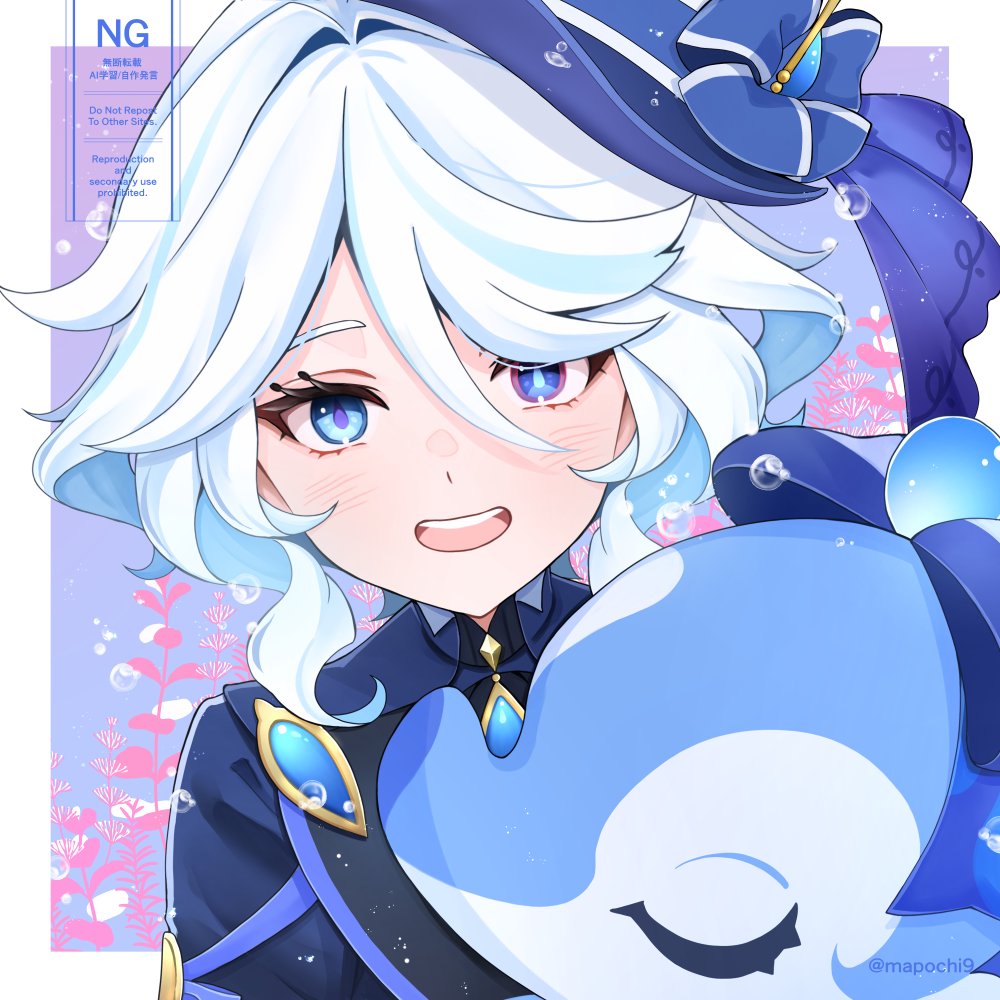 1girl, blue_eyes, blue_hair, blue_hat, blue_jacket, blush, border, drop-shaped_pupils