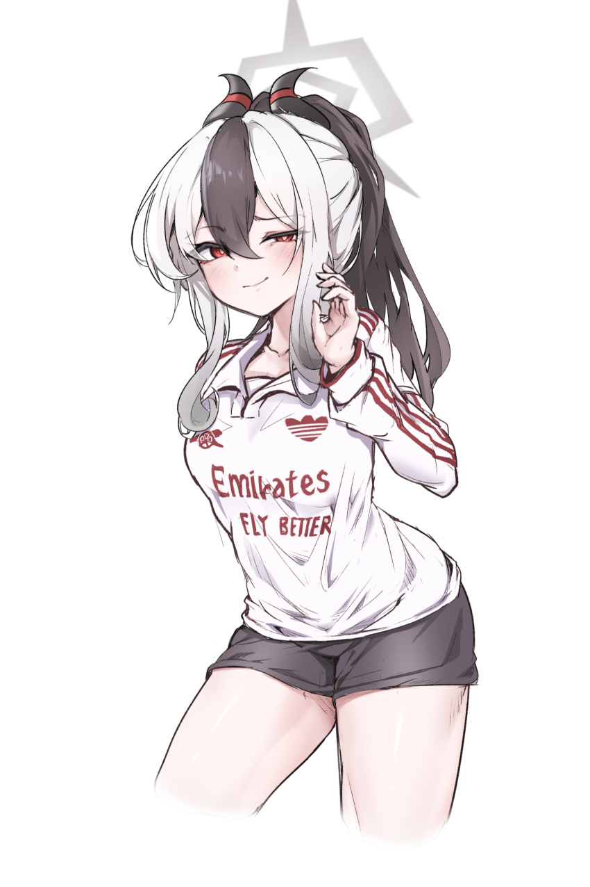 1girl, adidas, arsenal_fc, black_hair, black_horns, black_shorts, blue_archive, chanwoo