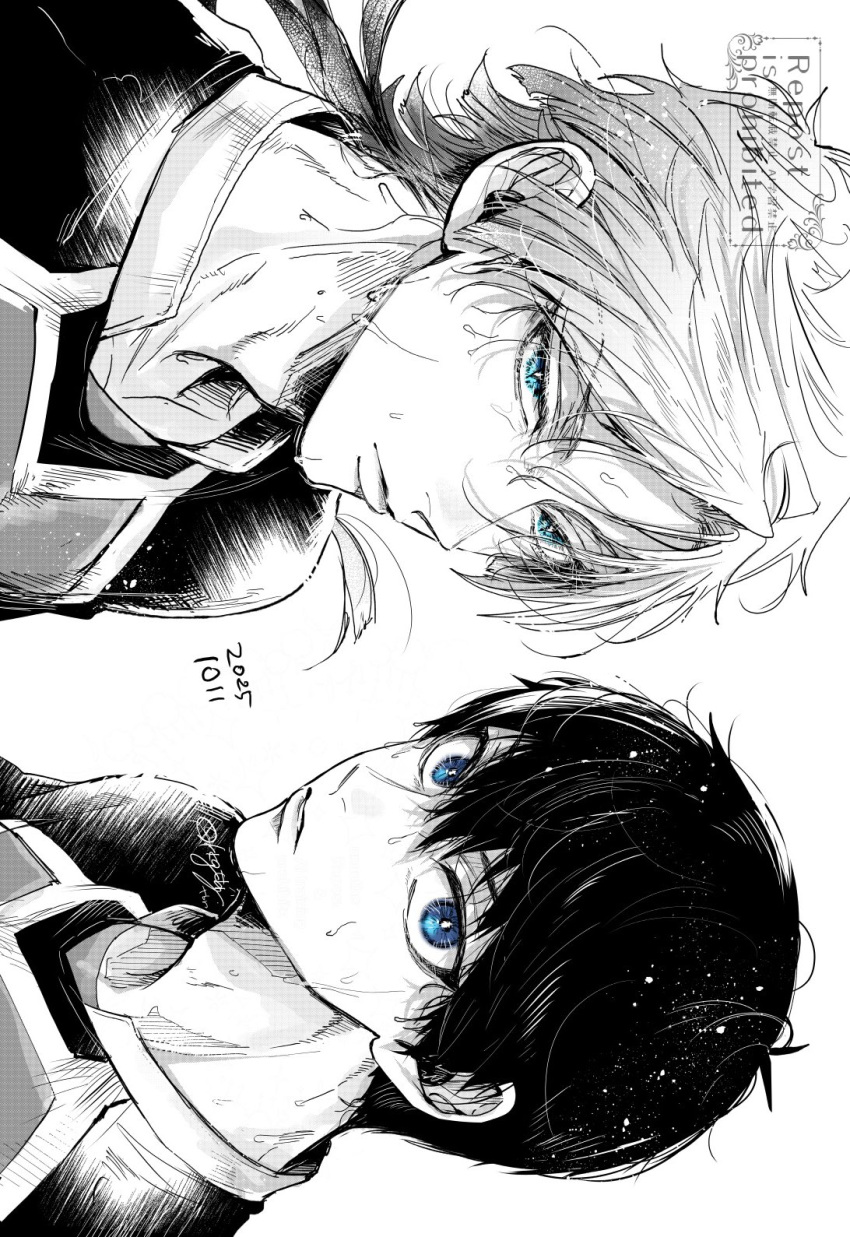 2boys, adam's_apple, bastard_munchen_soccer_uniform, blue_eyes, blue_lock, closed_mouth, dated, greyscale