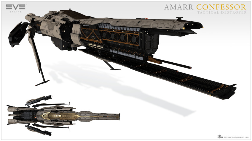 3d, absurdres, advanced_ship_(eve_online), amarr_empire_(eve_online), attack_ship_(eve_online), commentary, company_logo, company_name