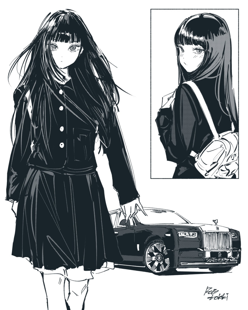 1girl, backpack, bag, blunt_bangs, buttons, car, character_request, copyright_request