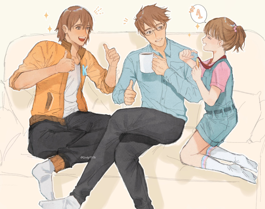 1girl, 2boys, :d, ^_^, aged_up, bespectacled, black_pants, blue_overalls