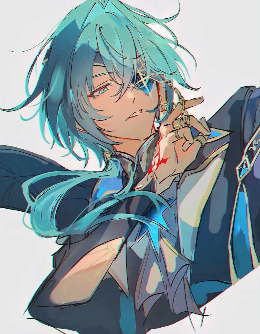 1boy, anaxa_(honkai:_star_rail), aqua_hair, ascot, black_jacket, chain, eyepatch, hair_between_eyes