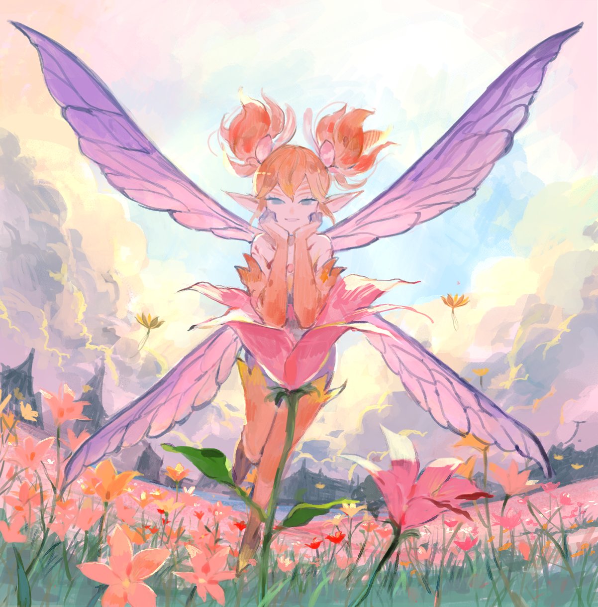 1other, androgynous, blue_eyes, blue_sky, clouds, day, facial_mark, fairy, fairy_wings, feo_ul, field, final_fantasy, final_fantasy_xiv, flower, flower_field, forehead_mark, full_body, hands_on_own_cheeks, hands_on_own_face, highres, j2_path, leaf, looking_at_viewer, orange_hair, other_focus, outdoors, pink_flower, pointy_ears, purple_wings, short_hair, short_twintails, sky, solo, twintails, wings