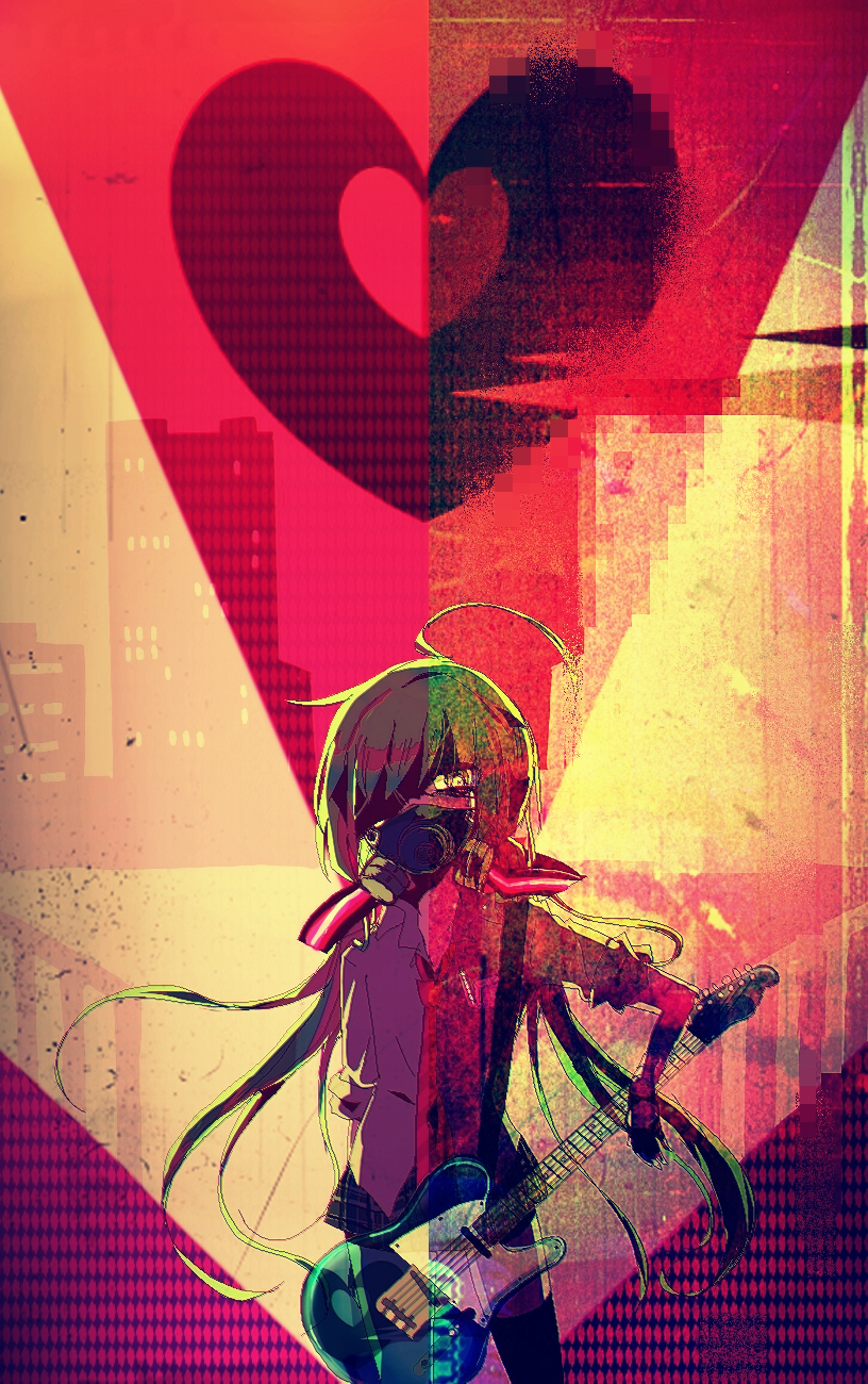 ahoge, aqua_hair, gas_mask, guitar, hatsune_miku, highres, instrument, long_hair
