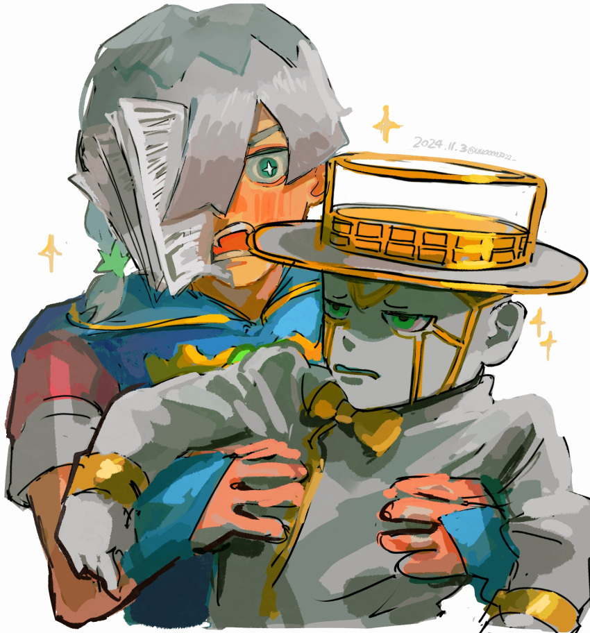 1boy, 1other, blue_bridal_gauntlets, blue_overalls, blush, bow, bowtie, braid, bridal_gauntlets, carrying, colored_skin, green_eyes, grey_hair, grey_shirt, grey_skin, hair_ornament, hair_over_one_eye, hat, heaven's_door, highres, hood, hood_down, hooded_overalls, jodio_joestar, jojo_no_kimyou_na_bouken, lifting_person, male_focus, medium_hair, multicolored_hair, open_mouth, overalls, shirt, short_sleeves, side_braid, single_braid, sparkle, stand_(jojo), star_(symbol), star_hair_ornament, teeth, the_jojolands, top_hat, two-tone_hair, upper_body, uu0000322, white_background, yellow_bow, yellow_bowtie