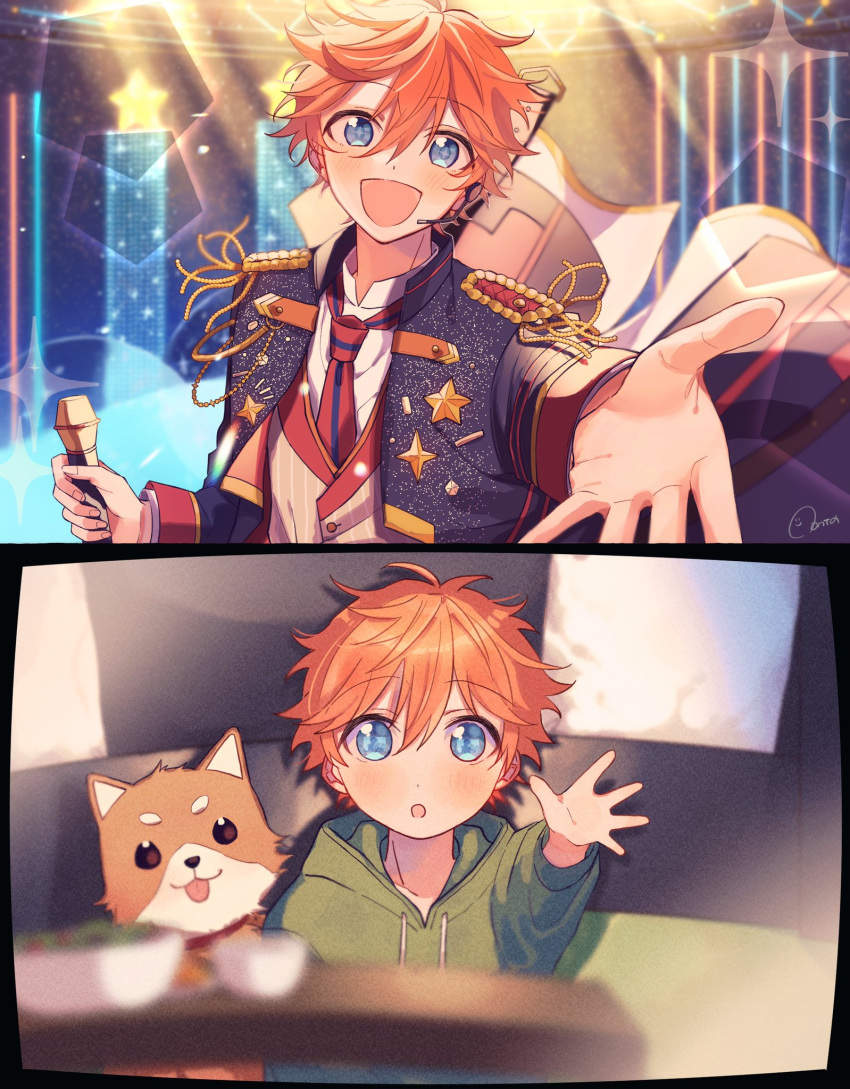 1boy, aged_down, akehoshi_subaru, blue_eyes, blue_jacket, commentary, daikichi_(ensemble_stars!), dog