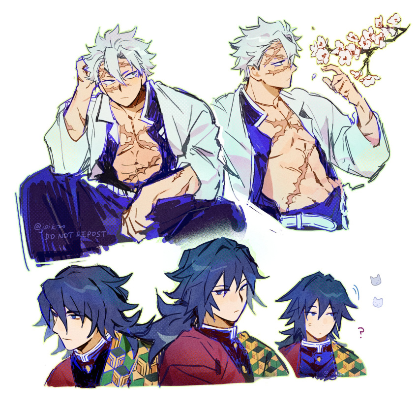 2boys, black_hair, black_jacket, buttons, closed_mouth, demon_slayer_uniform, gold_buttons, grey_hair