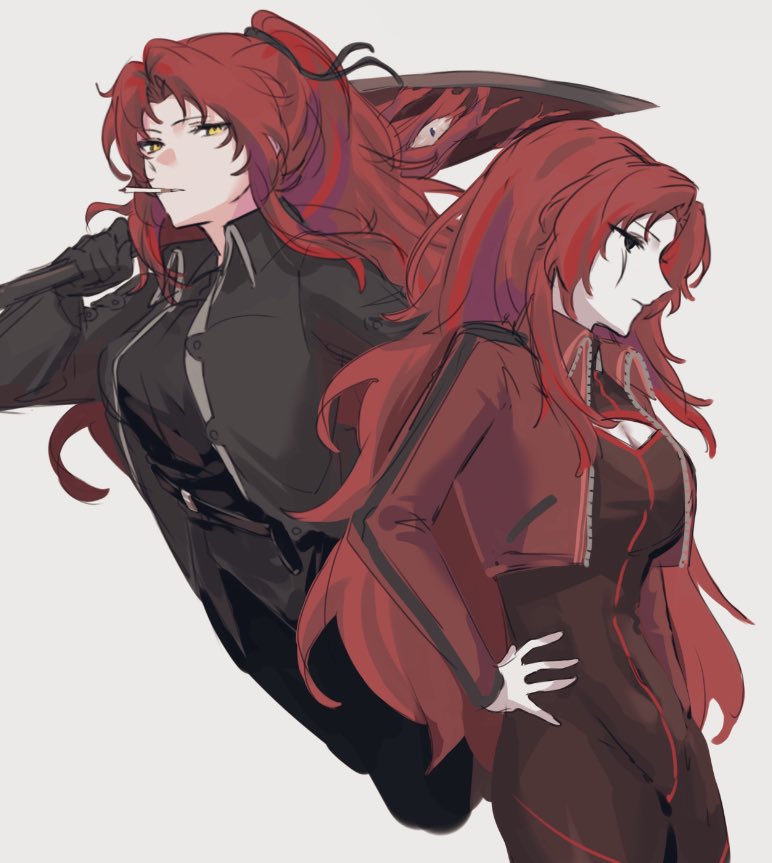 aged_down, bodysuit, breasts, cigarette, cleavage_cutout, closed_mouth, clothing_cutout, coat, diramaruo, e.g.o_(project_moon), gebura_(project_moon), hand_on_own_hip, kali_(project_moon), large_breasts, library_of_ruina, lobotomy_corporation, long_hair, looking_at_viewer, looking_down, mimicry_(e.g.o), ponytail, project_moon, red_hair, scar, simple_background, teeth, yellow_eyes